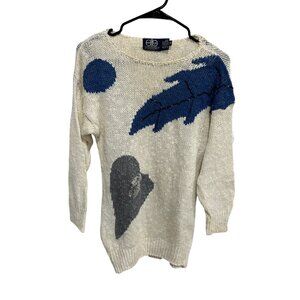 David Brett Womens Sweater Size Large Beige Blue Abstract Knitted Indie Retro